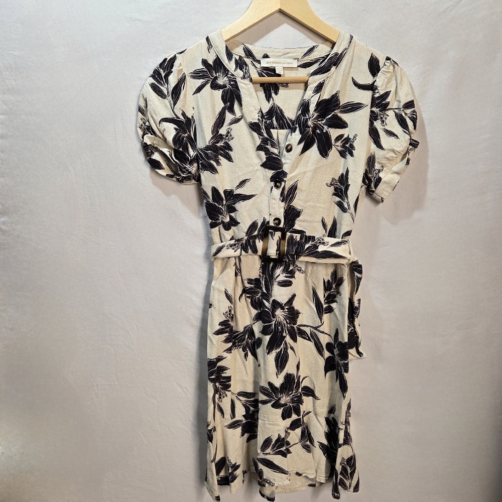 Monteau Mini Summer Dress Size XS Neutral Linen Ruffle Hem Structured & Classy